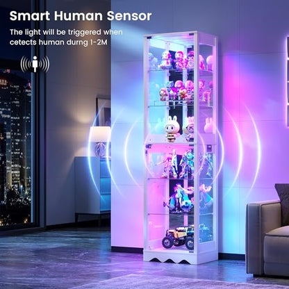 Dystler Display Cabinet with Glass Doors, 6 Tier RGB Lights Curio Cabinet | Adjustable Shelves, Human Sensor Lighting, Modern LED Display Case for Collectibles, White - color: White