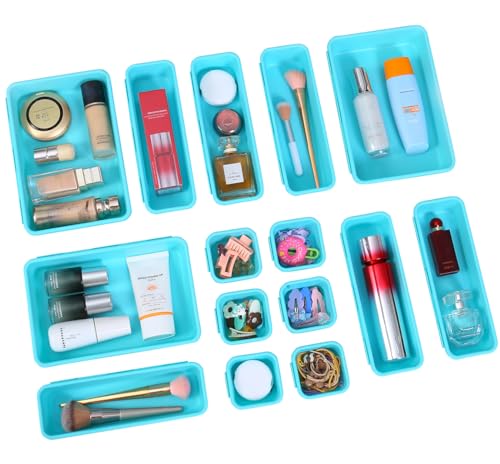 Kutesna 15 PCS Interlocking Desk Drawer Organizer Separator for Office,Bathroom,Kitchen,Makeup（Blue&Green） - color: Blue&Green, size: 15 pieces
