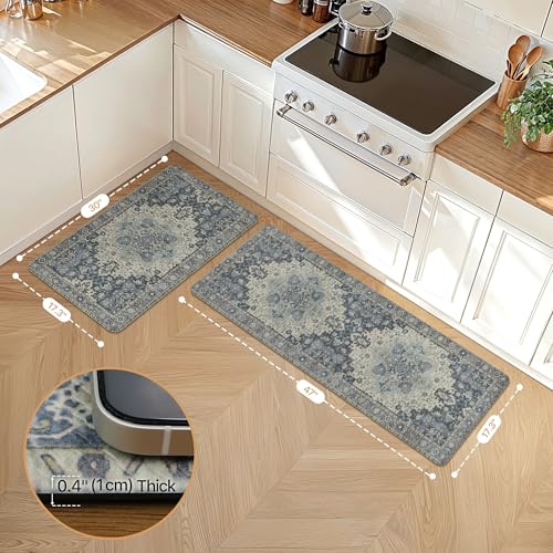 GENIMO Kitchen Mats for Floor 2PCs, Washable Anti Fatigue Mat for Cushioned, 17.3"x47"+17.3"x30", Waterproof Kitchen Rugs, Non Slip Comfort Standing Mat Rug for Home, Sink, Laundry, Center Blue - color: Center Blue, size: 17.3"x47"+17.3"x30"--0.4 inches