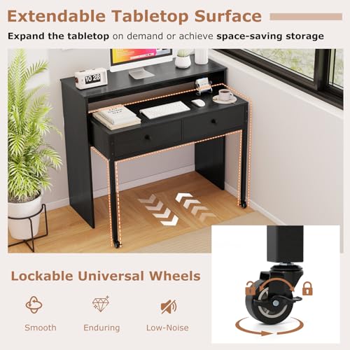 Tangkula Extendable Computer Desk with 2 Storage Drawers, Convertible Home Office Desk with Monitor Shelf, Metal Frame & Lockable Wheels, Rolling Study Writing Desk (Black) - color: Black