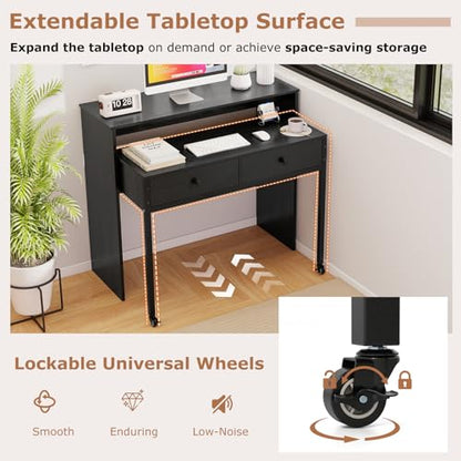 Tangkula Extendable Computer Desk with 2 Storage Drawers, Convertible Home Office Desk with Monitor Shelf, Metal Frame & Lockable Wheels, Rolling Study Writing Desk (Black) - color: Black
