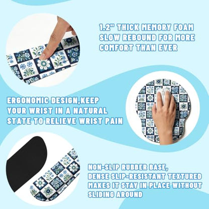 Blue Floral Tile Desk Mat Set Classic Check Botanical Mouse Pad with Wrist Rest 4in1 Desk Mat for Desktop Ergonomic Computer Desk Arm Wrist Anti-Slip Computer Ergonomic Mouse Pad Home Office Gaming - color: Blue Floral Tile