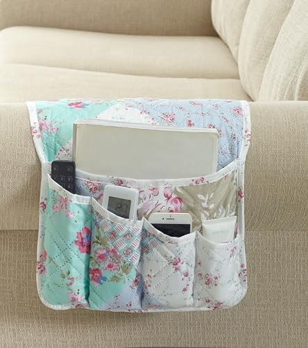 Brilliant Sunshine Patchwork Couch Armrest Organizer, Blue Green (35×13") | Non Slip Armchair Caddy for Sofa Recliner, Washable Remote Controls Holder, Storage for Magazine, Phone, iPad - color: Blue Green