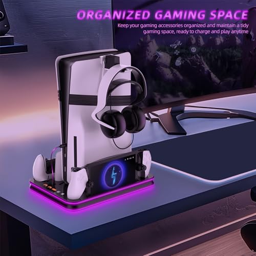 PS5 Pro/PS5 Slim/Stand and Cooling Station with LED Controller Charging Station for PlayStation 5 Slim Disc/Pro Digital Edition Console with 3 Level Cooling Fan, BlackLighting - color: Black