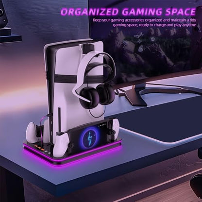 PS5 Pro/PS5 Slim/Stand and Cooling Station with LED Controller Charging Station for PlayStation 5 Slim Disc/Pro Digital Edition Console with 3 Level Cooling Fan, BlackLighting - color: Black