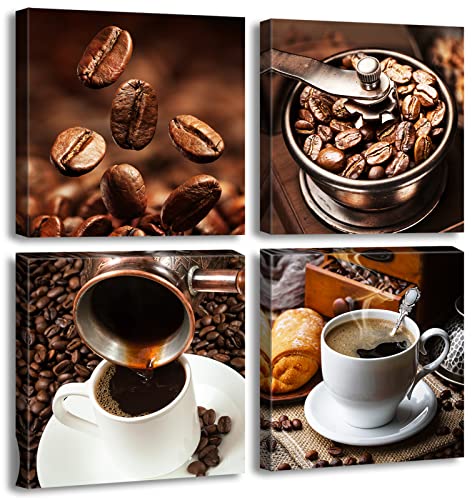 Kitchen Wall Art Coffee Decor Canvas Prints Coffee Cup Latte Mocha Cafe Drinking Pictures Brown 4 Panel Modern Artwork for Dining Room Restaurant Bar Decorations 12"Wx12"Hx4 Framed Ready to Hang - color: coffee