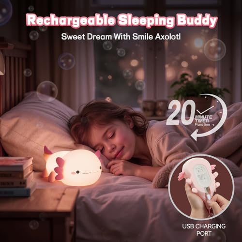 Axolotl Night Light for Kids, Cute Axolotl Lamp Silicone Baby Nursery Night Lamp, Dimmable Squishy Touch Bedside Lamps, Adorable Rechargeable Animal Lamps Gifts Kawaii Room Decor for Kids Girls Boys - color: Axolotl