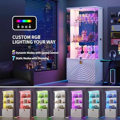 Lvifur 4-Tier Display Cabinet with Glass Doors,71''H Lockable Curio Cabinet with RGB Lights for Collectibles,White Glass Display Cabinet with Human Body Sensor,Glass Shelves,Living Room - color: White-rgb Lights