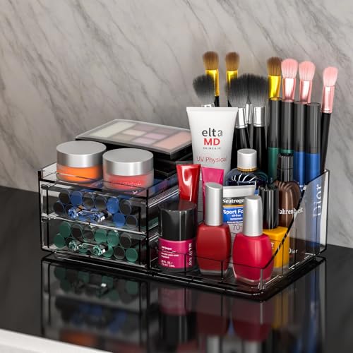 Acrylic Small Makeup Organizer with Drawers,Clear Skincare Organizer for Vanity,Dresser,Bathroom Countertop,Cute Cosmetic Organizer for Lip Gloss,Makeup Brush,Beauty,Skin Care and Cosmetic Storage - size: 2 Drawers-Set of 1