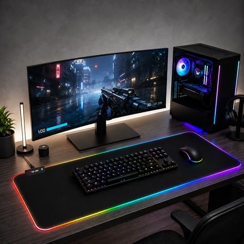 RGB Mouse Pad 35.4×15.7 Inches – Extended LED Mouse Pad with 14 Lighting Modes, Gaming Desk Mat, PC Gaming Accessories, Large Keyboard Pad with Non-Slip Rubber Base.
