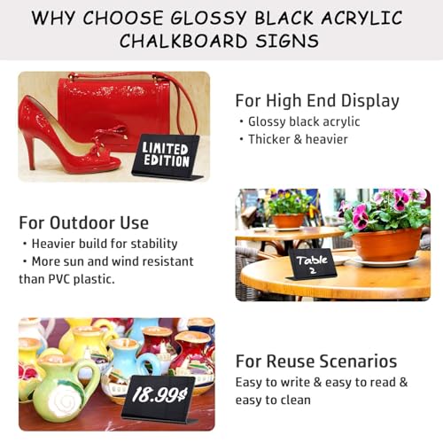 PigPotParty Acrylic Mini Chalkboard Signs for Outdoor Party Buffet, 12 Pcs 4"x3", Glossy Black Elegant Food Labels for Wedding, Table Signs, Place Cards, Include 2 Wet Erase Markers - style: Acrylic L-12 (Outdoor)