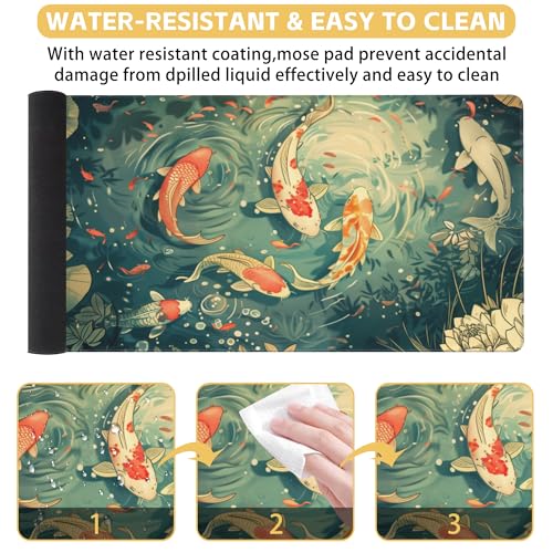 Koi Lotus Pond Desk Mat Large Mouse Pad Gaming Mousepad 31.5 x 15.8 in | Desk Pad for Keyboard and Mouse, Large Non-Slip Rubber Base Mousepad Desk Mat with Stitched Edges for Gaming Office - color: Japanese Koi