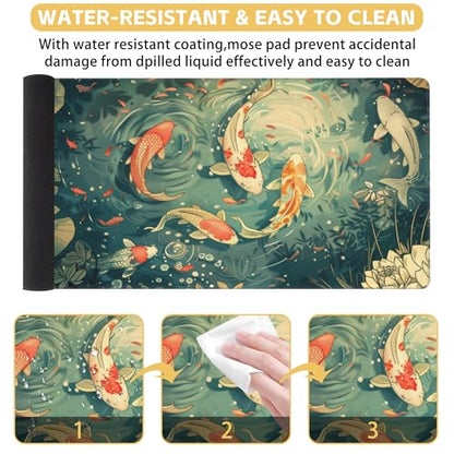 Koi Lotus Pond Desk Mat Large Mouse Pad Gaming Mousepad 31.5 x 15.8 in | Desk Pad for Keyboard and Mouse, Large Non-Slip Rubber Base Mousepad Desk Mat with Stitched Edges for Gaming Office - color: Japanese Koi