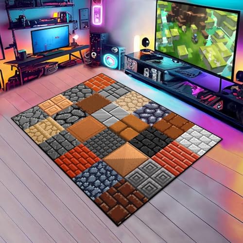 Game Rug Teen Boys Carpet with Pixel Game Floor Wall Element Decoration Mat, 8 Bit Old Games Rugs for Boy’s Bedroom Living Room Playroom, Non-Slip Children Gaming Area Rugs (60" x 40") - color: Wall Pixel Rug, size: 3'4" x 5' (Rectangular)