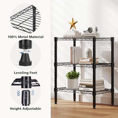 DUMOS 3-Tier Metal Wire Storage Shelves, Adjustable Standing Storage Rack Shelf, Heavy Duty Steel Shelving Unit Organizers for Kitchen Bathroom Pantry Garage, 23.3" Wx13.4 Dx30 H, Black - size: 3 Tier-30"H without wheels