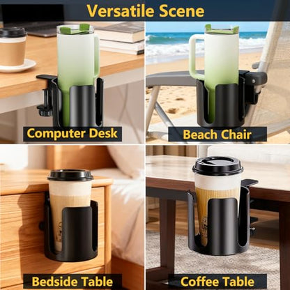 Desk Cup Holder Clip On with Buckle Clamp,Deeper Anti-Spill Drink Table Holder for Water Bottles & Coffee Mugs,Adjustable Large Metal Clamp Fits Desks for Office & Gaming,Home,Black - size: 3.94"L x 3.94"W x 3.94"H