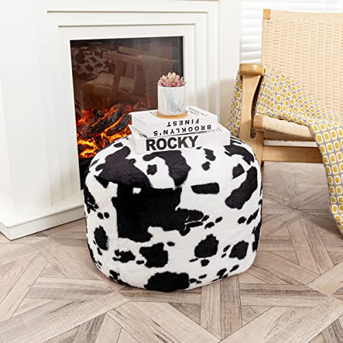 Asuprui Pouf Ottoman Unstuffed, Faux Rabbit Fur Cover, No Filler, 18" Round, Black and White - color: Black Cow Printed