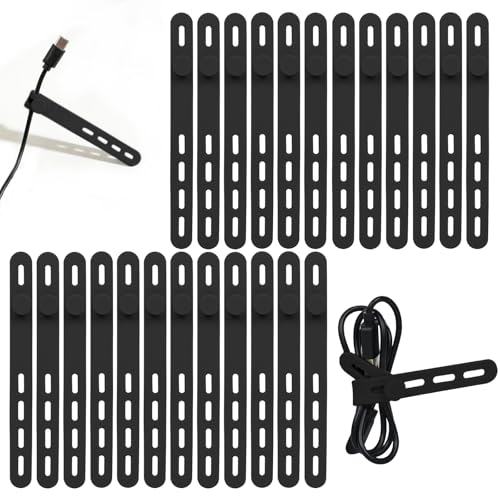 Donruby 24Pcs Silicone Cable Ties - Reusable & Washable with Locking Buckles, Adjustable Fastening Cable Management Straps, Multi-Purpose High Elasticity Cord Organizer (Black) - color: Black