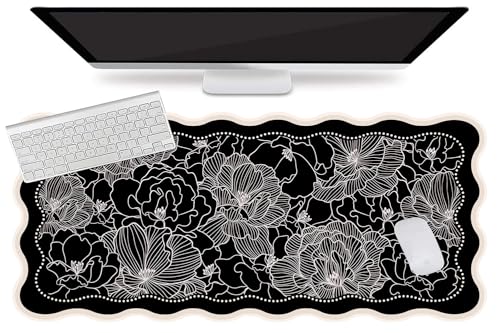 L-SPOUTTO Black Floral Mouse Pad,Vintage Aesthetic Scalloped Desk Mat XXL Large Gaming Mousepad,35.4x15.7in Non-Slip Keyboard Pad Waterproof Desktop Mat for Laptop Computer Work Game Home Office-Peony - color: Peony Black