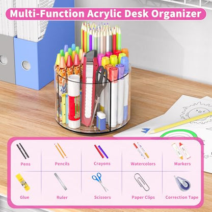 Wawocs Small Pencil Organizer for Desk Acrylic 4 Compartments, Tiny Rotating Art Supply Organizer Kids, Spinning Round Marker Small Clear Desktop Caddy Swivel Office Pen Pencil Holder - size: Medium no handle