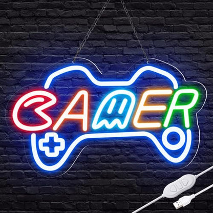 Gamer Neon Sign for boy room decor, 15 * 9 inch Blue Gaming led lights with USB Power and Dimmer Switch for game room decor,teen's room,man cave,adult and Kids - style: blue-gamer