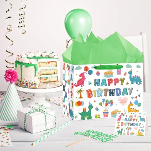 Hooqict Large Dinosaur Gift Bag Happy Birthday Gift Bag with Handles, Wrapping Tissue Paper and Greeting Cards for Kids Boys 1st 2nd 3rd Dinosaur Birthday Party Supplies Baby Showers - color: Dinosaur