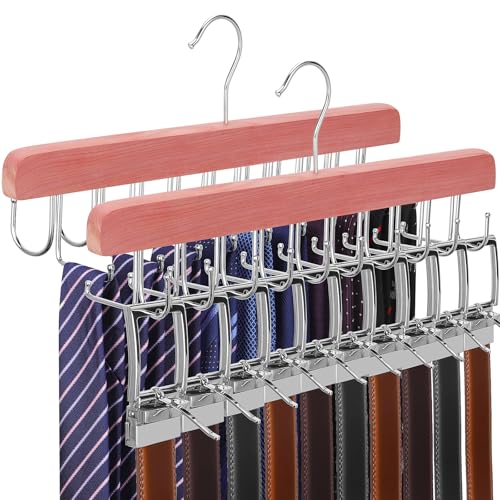 TOPIA HANGER Cedar 2 Pack 2 in 1 Belt Tie Hanger for Closet Max 60 Belts with 60 Ties Capacity, 20 Hooks Belt Tie Racks Hanger for Closet Organizer Storage Curved Fit Belt and Flat Fit Tie - CT60C - color: Cedar-2 Pack