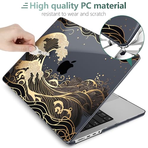 DONGKE Case for MacBook Pro 14 Inch (2026-2021 Release, M5 M4 M3 M2 M1 Pro/Max Chip), Plastic Slim Hard Shell Protective Cover with Keyboard Cover & Screen Protector, Golden Wave - color: Golden Wave X902