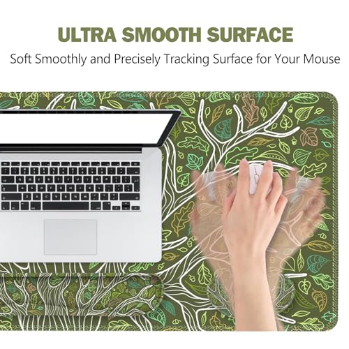 ToLuLu Desk Mat, Gaming Mouse Pad Wrist Support 4 in1 Set, XXL Large Mouse Pad + Keyboard Wrist Rest + Memory Foam Cushion Mouse Wrist Rest for Pain Relieve + Coaster Table Computer PC, Green Leaves - color: Green Leaves
