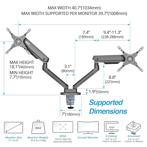 AVLT Dual 27”-43” RGB Gaming Monitor Arm Desk Mount Built-in 20 Lighting Modes Touch Button Control Fits Flat/Curved/Ultrawide Screen Height Swivel Tilt Rotation Adjustable Monitor Stand -Dark Gray - color: Dark Gray - Dual