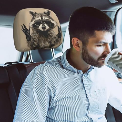 Dujiea 2 Pack Funny Raccoon Car Headrest Covers, Universal Soft Car Seat Head Rest Cover Protector, Vehicle Accessories Fabric Headrest Cover for Cars Vans Trucks - color: Funny Raccoon
