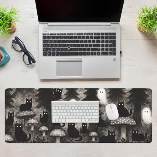 Black Cat Gaming Mouse Pad Ghost Forest Large Desk Mat Waterproof Stitched Edges Rubber Base Non-Slip Deskmap Computer Keyboard Mat Office Computer Keyboard Laptop 31.5"x11.8" - color: Black Cat
