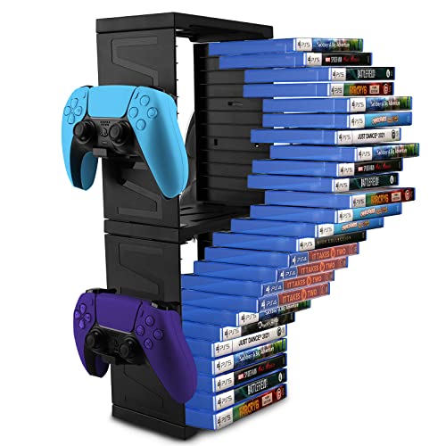 SIKEMAY Game Storage Tower for PS5/PS4/Xbox Series S & X - Universal Video Game Disc Organizer with 24 PCS Holders, 4 Controller Slots & Stand Rack Accessories - Black