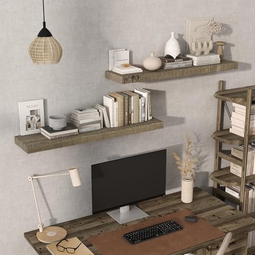 Acovy 40" Unfinished Solid Reclaimed Wood Floating Shelves, Rustic Heavy-Duty Wall Shelves, 8" Deep Floating Shelf for Living Room, Bathroom, Bedroom and Kitchen, Set of 2, Grey - color: Cement Grey, size: 40inches-2P