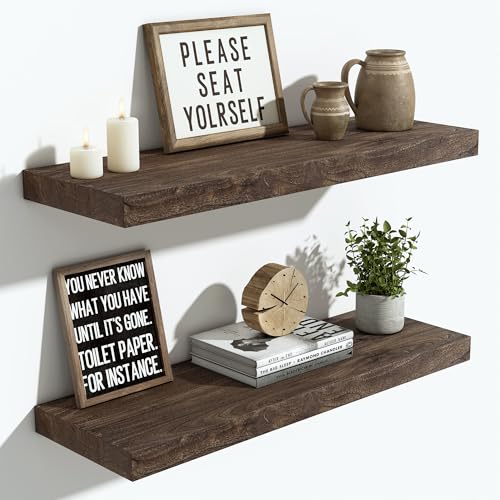 Flat Edge Elm Wood Floating Shelf with Invisible Bracket 24”American Walnut - color: American Walnut, size: 24”,set of 2