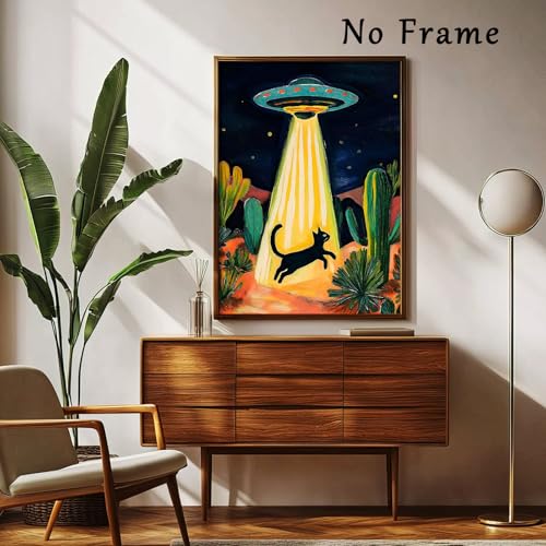 Retro Ufo Canvas Wall Art Desert Cactus Picture Ufo Poster Funny Black Cat Prints Dark Moody Landscape Painting Cat Abstract Animal Poster Alien Abduction Art Desert Landscape Artwork 16x24in No Frame - color: A2Unframed