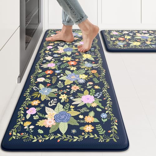 KIMODE Anti Fatigue Kitchen Mats, 2 Pack Rectangular Floral Dark Blue Kitchen Floor Mats, 17"x47" + 17"x29", Non-Slip, Waterproof, Stain Resistant - color: Flower/Blue, size: 17.3" x 47"+17.3" x 29"--0.47 inches
