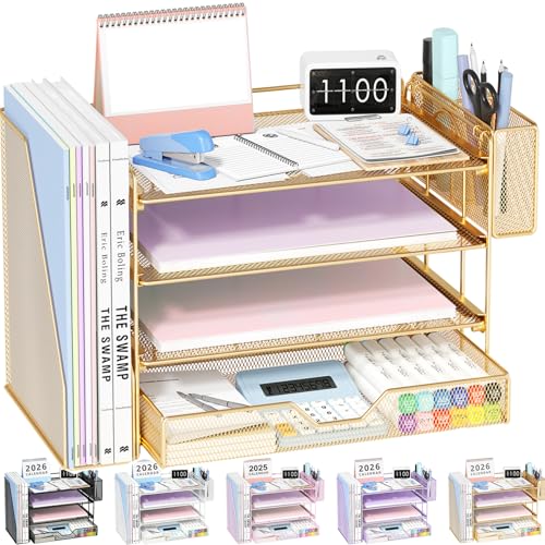 OPNICE Desk Organizer, 4-Tier Desktop File Organizer with Drawer and Pen Holders, Office Desk Accessories, File Sorters, Workspace Organizers for Office Supplies(Gold - Metal Pen Holder) - color: Gold - Metal Pen Holder, size: 4-tier