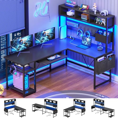 SEDETA L Shaped Gaming Desk with Hutch, 57.5” Reversible Corner Computer Desk with Storage Shelves, Gaming Desk with Pegboard, LED Lights, Power Outlet, Keyboard Tray and Storage Bag, Black - color: Black