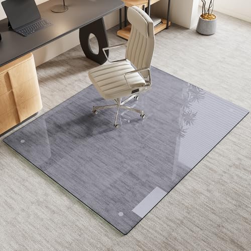 Tempered Glass Gray Chair Mat for Carpet & Hard Floor, 46"x55" Office Chair Mat - Heavy Duty & Scratch Resistant, Non-Slip Pads, Rounded Corners & Polished Edges - color: Grey, size: 46"x55"