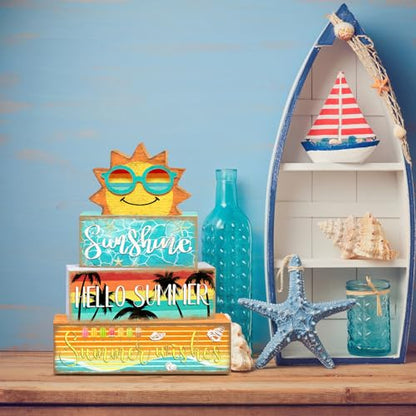 Britimes 4 Pcs Summer Wooden Tiered Tray Decor Set, Summer Sunshine Table Decor Ocean Beach Farmhouse Rustic Wooden Coffee Table Centerpieces for Home kitchen Office Decorations (Sunshine Style) - style: Sunshine