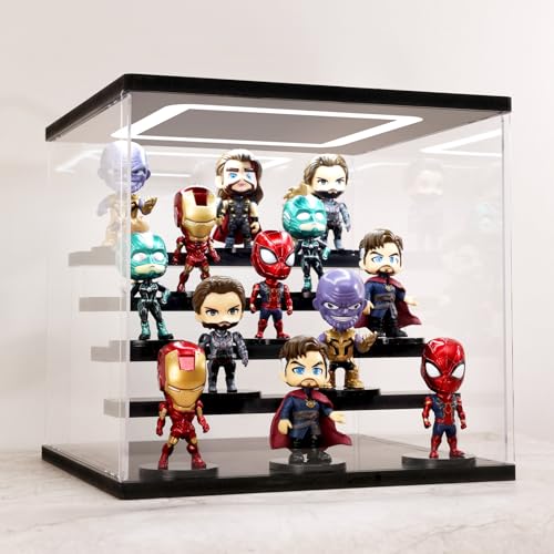 Clear Acrylic Display Case with Light , 5 Tier Display Box Stand Assembly Dustproof Protection Showcase for Collectibles Action Figures (Black 12.6×12.2×11.8in; 32×31×30cm) - color: Black With Light, size: 5 Tier 12.6×12.2×11.8in; 32×31×30cm