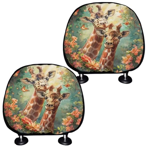 Animal Giraffe 2 Pieces Car Head Rest Covers Car Front Rear Head Rest Protector Full Set Flower Print Auto Interior Seat Headrest Pillow Cover for Women Fits for Most Cars Truck SUV Sedan - color: Animal Giraffe