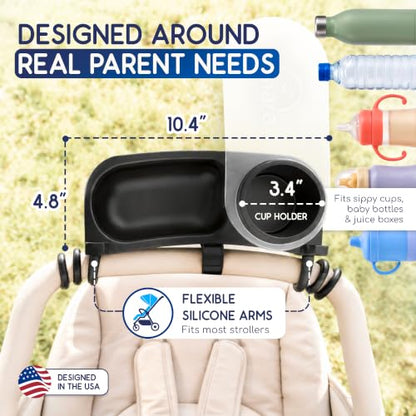 Universal Stroller Snack Tray with Cup Holder 2 in 1 - Stroller Tray Attachment for Baby & Toddler - Baby Stroller Accessories - Fit Most Strollers, Dishwasher Safe with Dust Cover & Silicone Arms