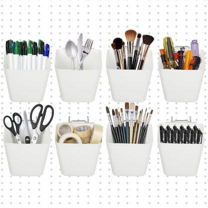 8 Pack Large Pegboard Bins with Hooks, Square Box Shape Peg Board Cups and Peg Board Accessories for Craft Room, Playroom, Office, Garage, and Wall Mount Organization (White) - color: White
