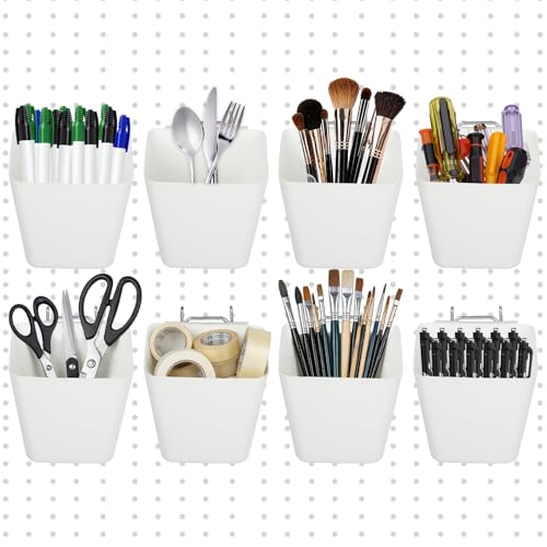8 Pack Large Pegboard Bins with Hooks, Square Box Shape Peg Board Cups and Peg Board Accessories for Craft Room, Playroom, Office, Garage, and Wall Mount Organization (White) - color: White