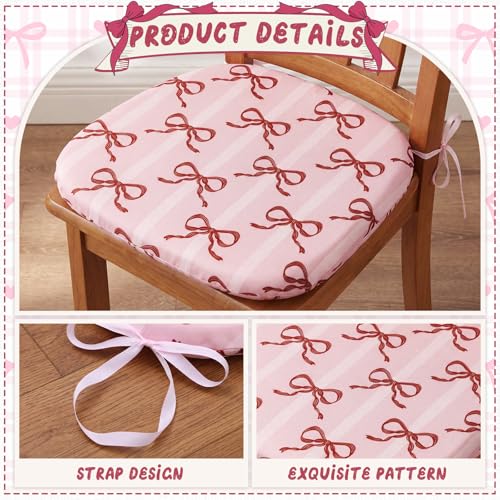6 Pack Pink Bow Chair Cushions for Dining Chairs 17" x 16" x 2" D-Shaped Breathable Linen Kitchen Chair Pads with Ties Washable Non Slip Seat Cushion for Dining Kitchen Office Indoor - style: Bow