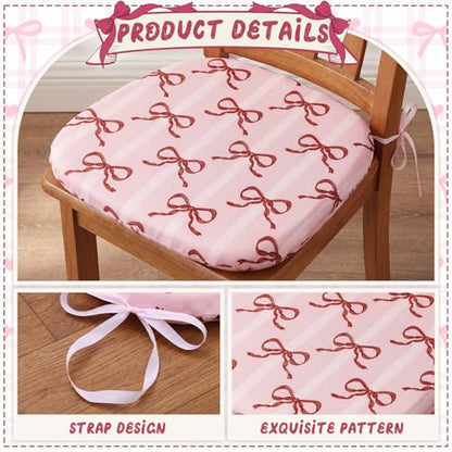 6 Pack Pink Bow Chair Cushions for Dining Chairs 17" x 16" x 2" D-Shaped Breathable Linen Kitchen Chair Pads with Ties Washable Non Slip Seat Cushion for Dining Kitchen Office Indoor - style: Bow