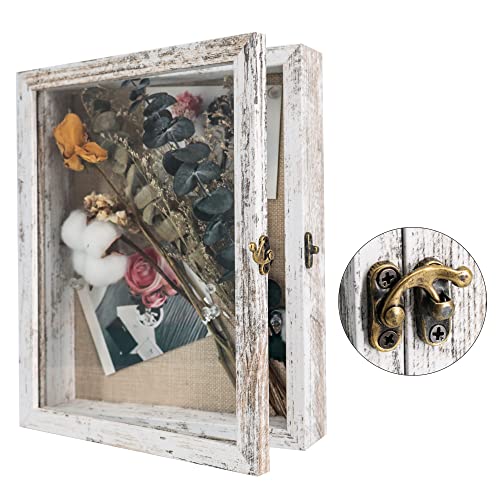 GraduatePro Shadow Box Frame 8x10 Display Case with Linen Back, Real Glass Window Door with Hinge, Picture Frame Wedding Bouquet Memorabilia Medals Photos Memory Box for Keepsakes, Rustic White - color: Rustic White, size: 8"x10" (20x25 cm)