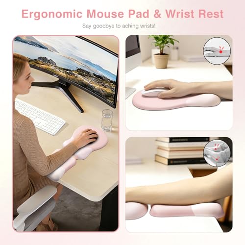 Ospelelf Mouse Pad with Wrist Rest Set Foam L-Shaped Desk Elbow Pad Ergonomic Desk Edge Cushion Anti-Slip Rubber Bottom Office Women Desk Accessories for Computer, Laptop and Gaming, Pink - color: Pink